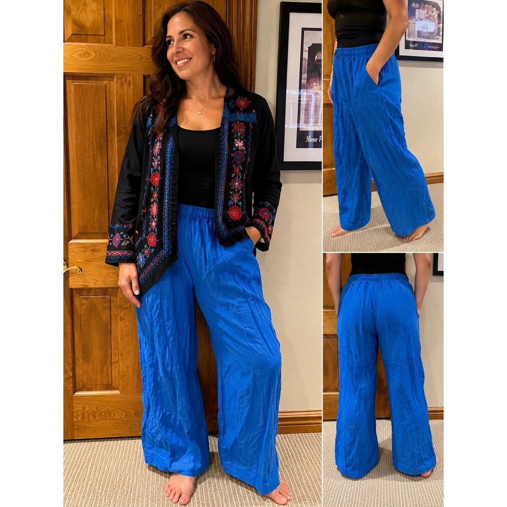 Tahari Essentials 100% Linen Wide Leg Pants Cobalt Blue Elastic Waist Large